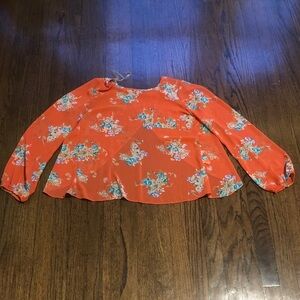 The Vintage Shop Mesh See-Thru Floral Orange Split-Back Longsleeve Blouse